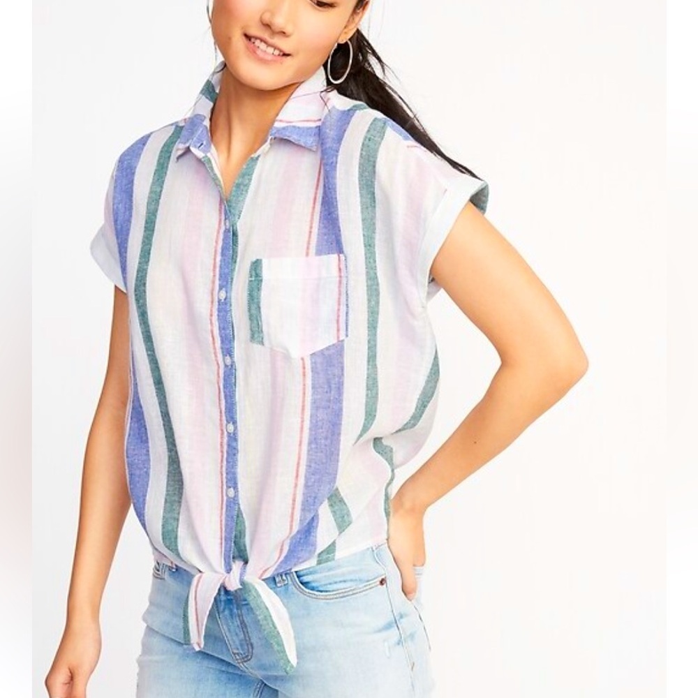 Old Navy Size Large Multi-striped Notch Collar Tie Front Shirt Linen Blend